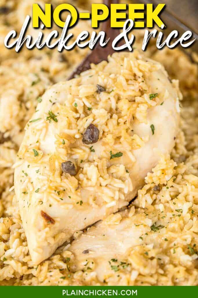 scooping chicken & rice from baking dish