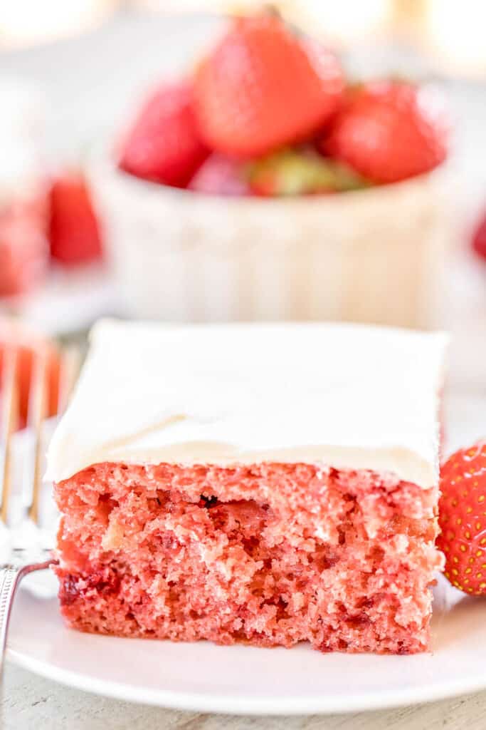 slice of strawberry cake on a plate