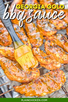 brushing bbq sauce on chicken on the grill with text overlay