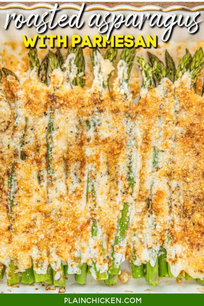 parmesan asparagus in a baking dish with text overlay