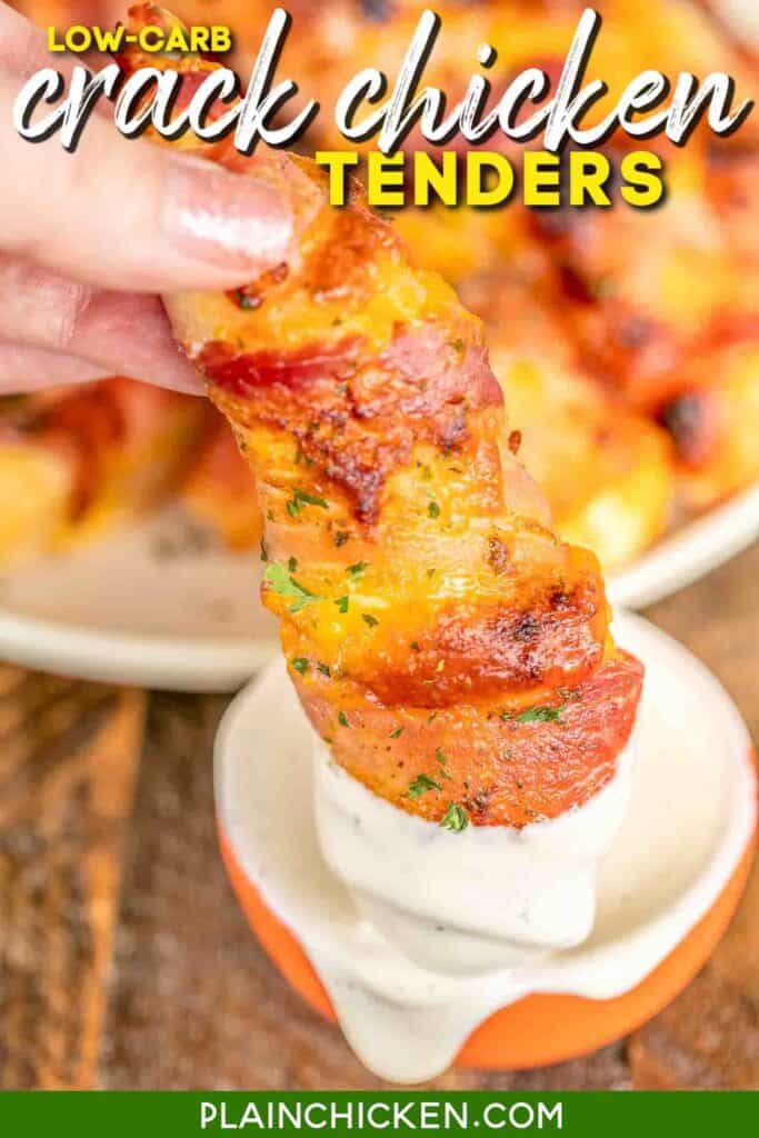 dipping bacon wrapped chicken tender into ranch dressing