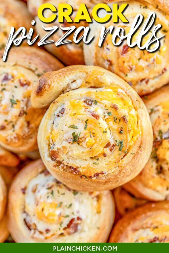 plate of bacon ranch pizza rolls on a plate with text overlay