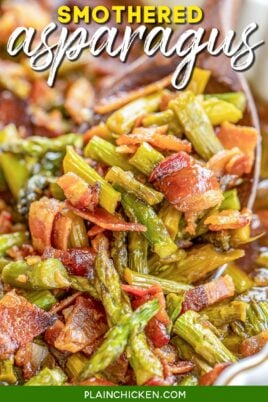 scooping bacon & asparagus from baking dish