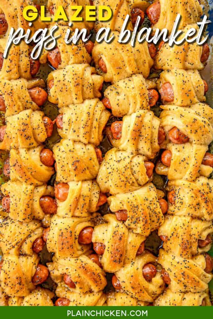 baking dish of glazed pigs in a blanket
