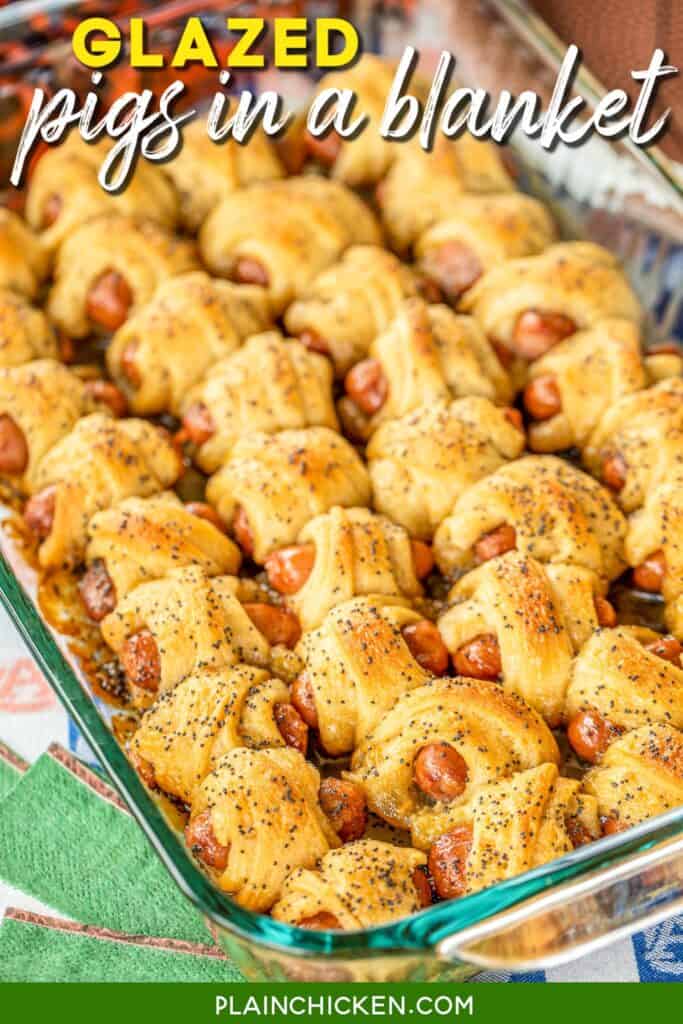 baking dish of glazed pigs in a blanket