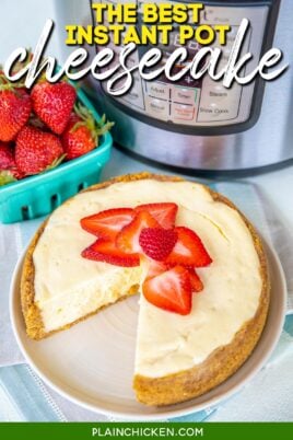 cheesecake with an instant pot in the background and text overlay