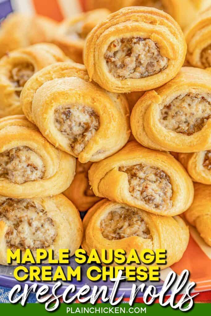 plate of sausage rolls with text overay