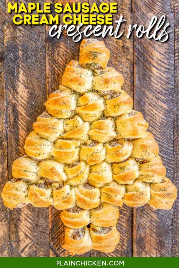 sausage rolls baked in the shape of a christmas tree on a table with text overlay