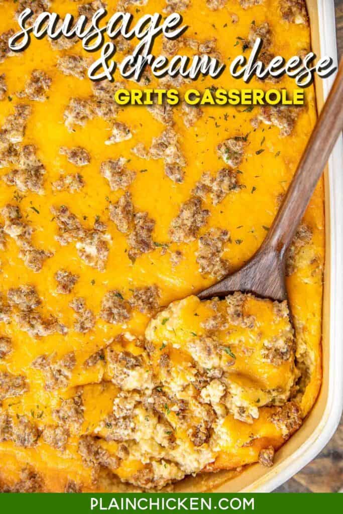 scooping sausage grits from casserole dish
