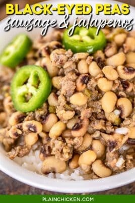 bowl of black eyed peas with sausage and jalapenos with text overlay