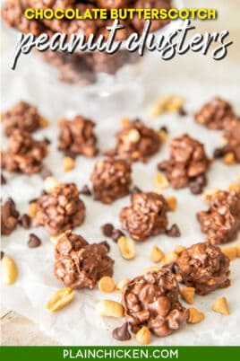 chocolate peanut clusters on parchment paper