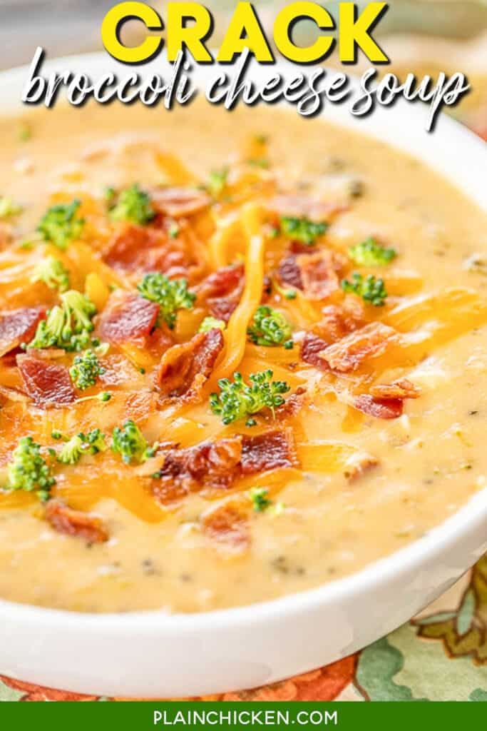 bowl of broccoli soup topped with bacon and cheese with text overlay