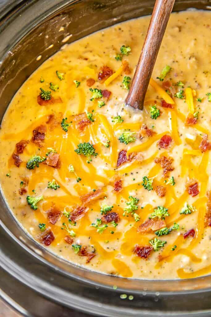 slow cooker of broccoli cheese soup