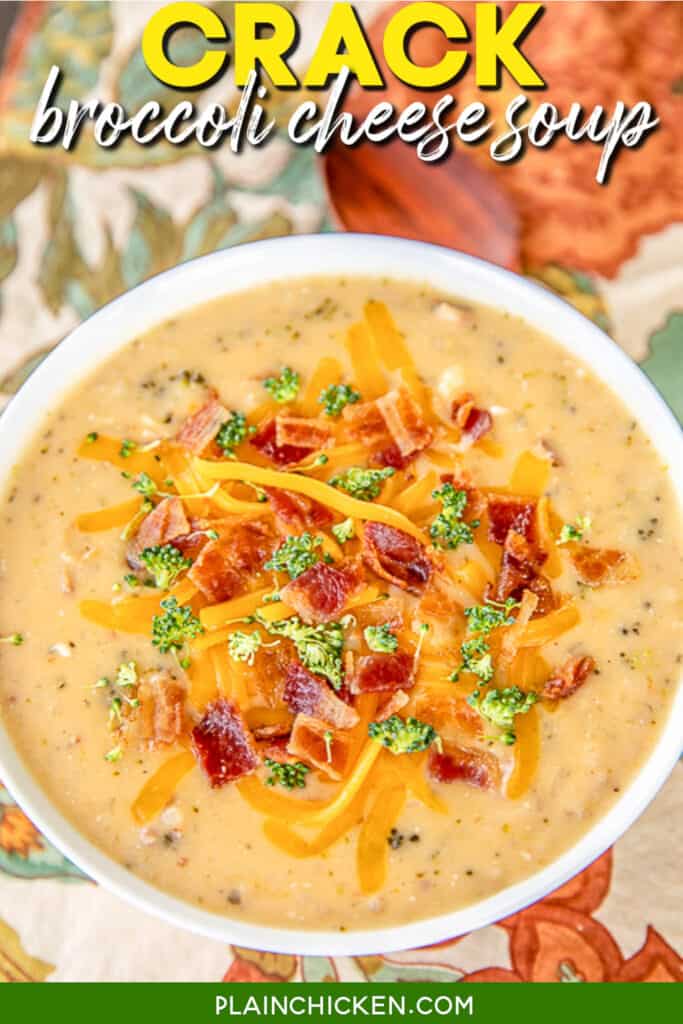 bowl of broccoli soup topped with bacon and cheese with text overlay