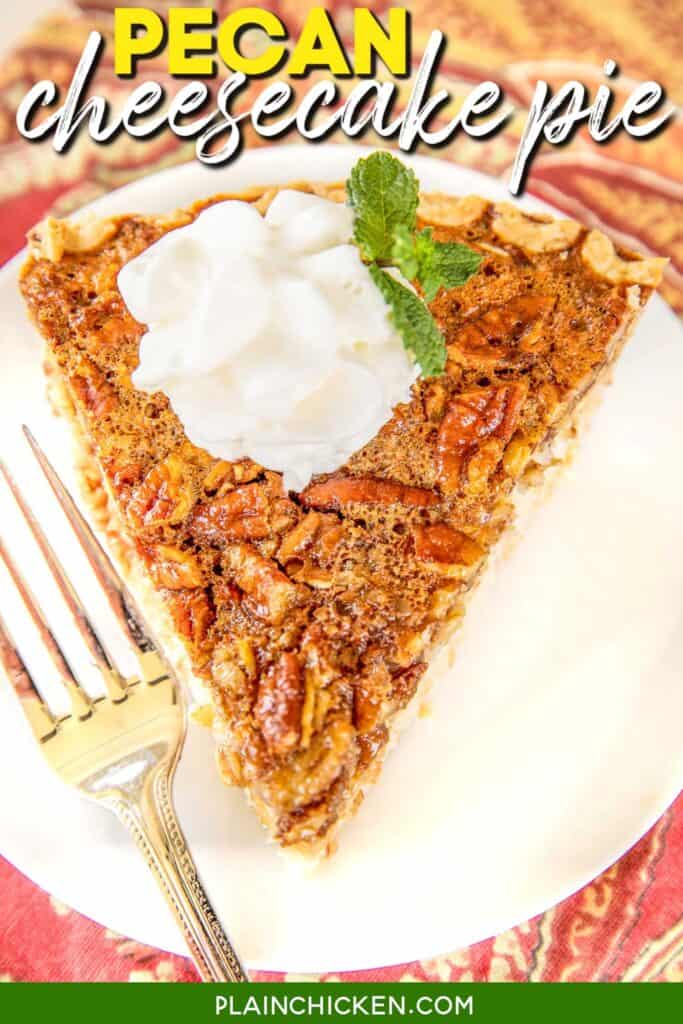 slice of pecan pie on a plate with text overlay