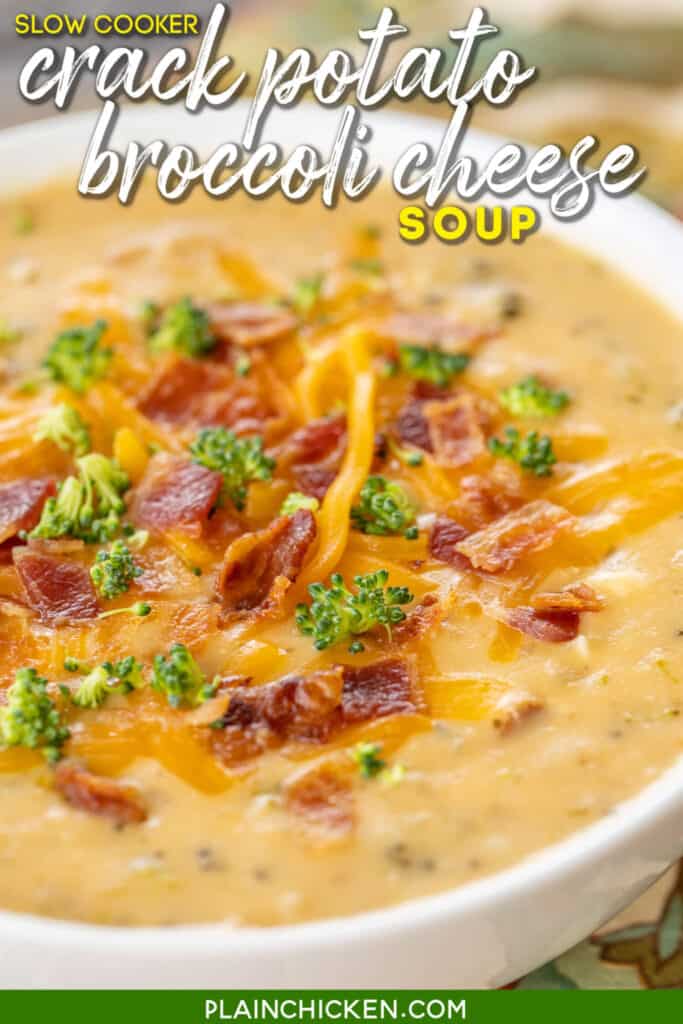bowl of potato broccoli cheese soup with bacon