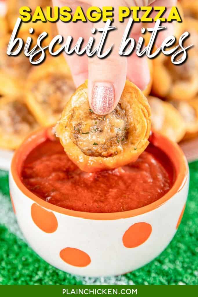 dipping biscuit bite into pizza sauce with text overlay