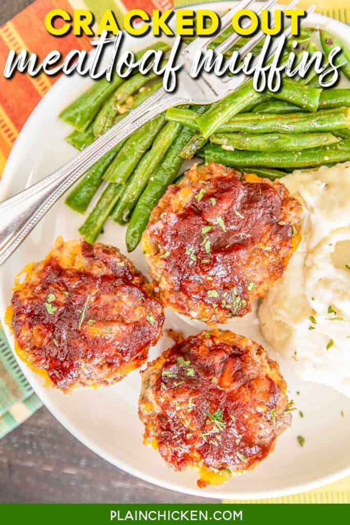 plate of meatloaf muffins with mashed potatoes and green beans