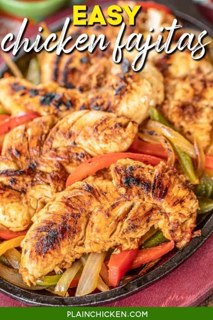 cast iron skillet of chicken fajitas with text overlay