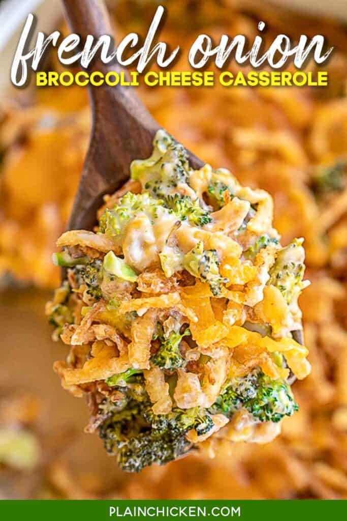 scooping broccoli casserole from baking dish