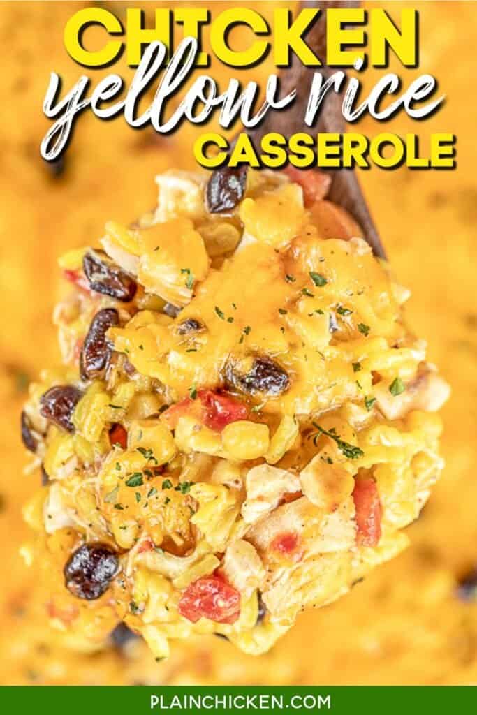 spoonful of chicken casserole with text overlay