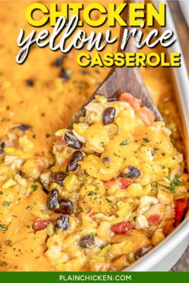 scooping chicken casserole from baking dish with text overlay