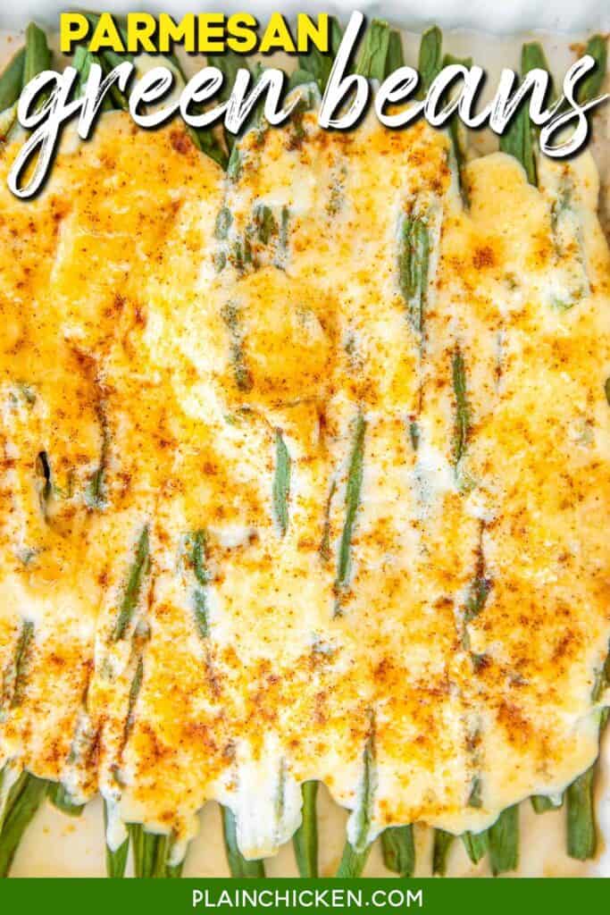 parmesan green beans in a baking dish with text overlay