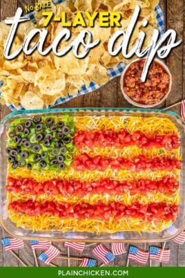 layered taco dish in flag shape in a baking dish