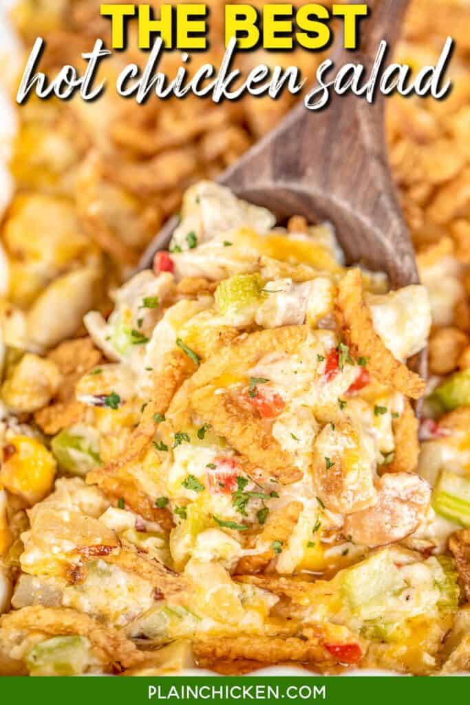 scooping chicken salad from baking dish