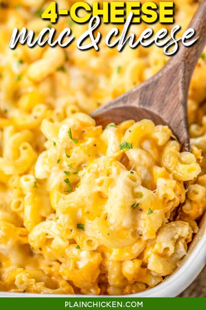 scooping mac & cheese from baking dish