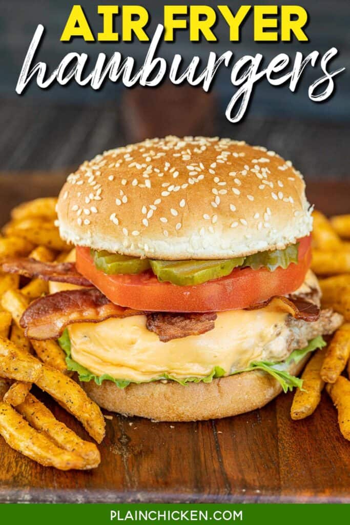 hamburger and fries on a platter