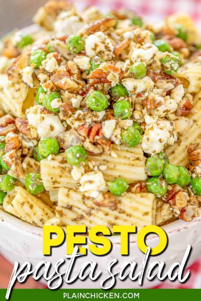 bowl of pasta salad with peas and pesto with text overlay