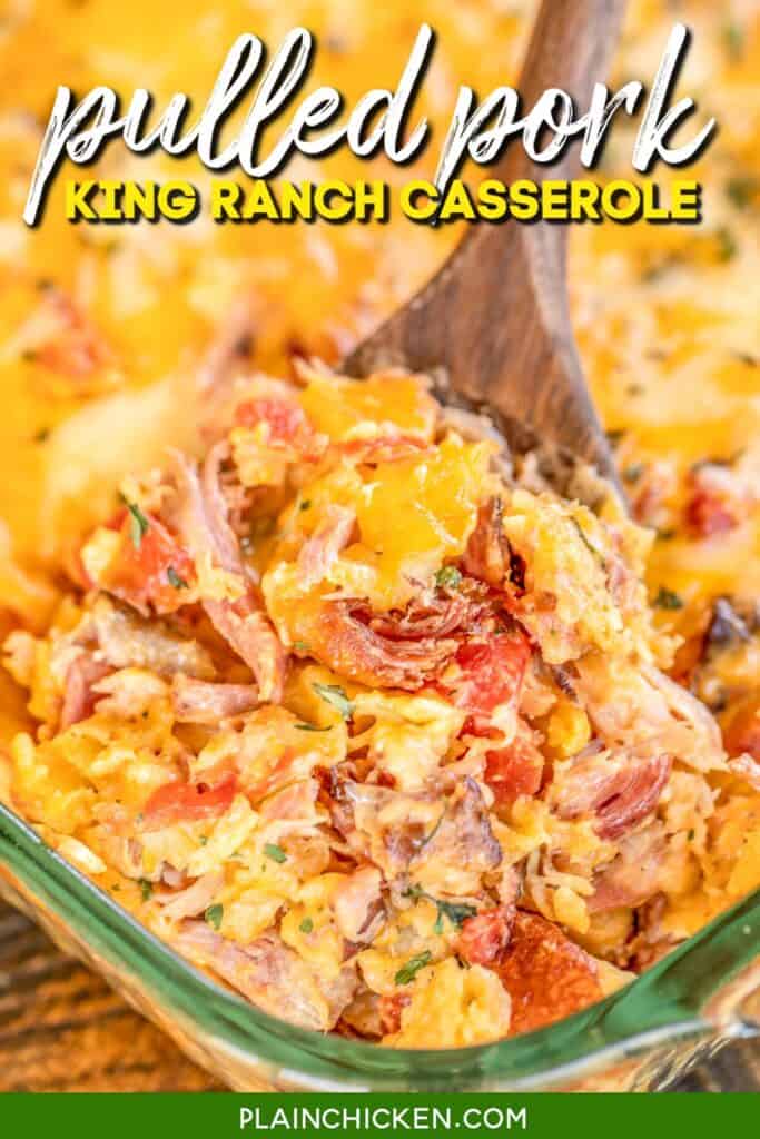 scooping pulled pork king ranch casserole from baking dish