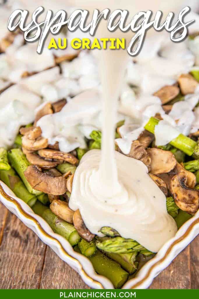 pouring sauce over asparagus and mushrooms