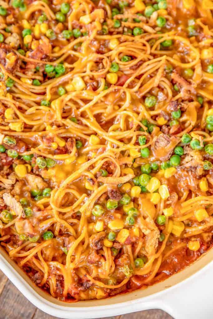 spaghetti casserole in a baking dish
