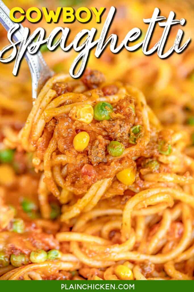 spaghetti on a fork with text overlay