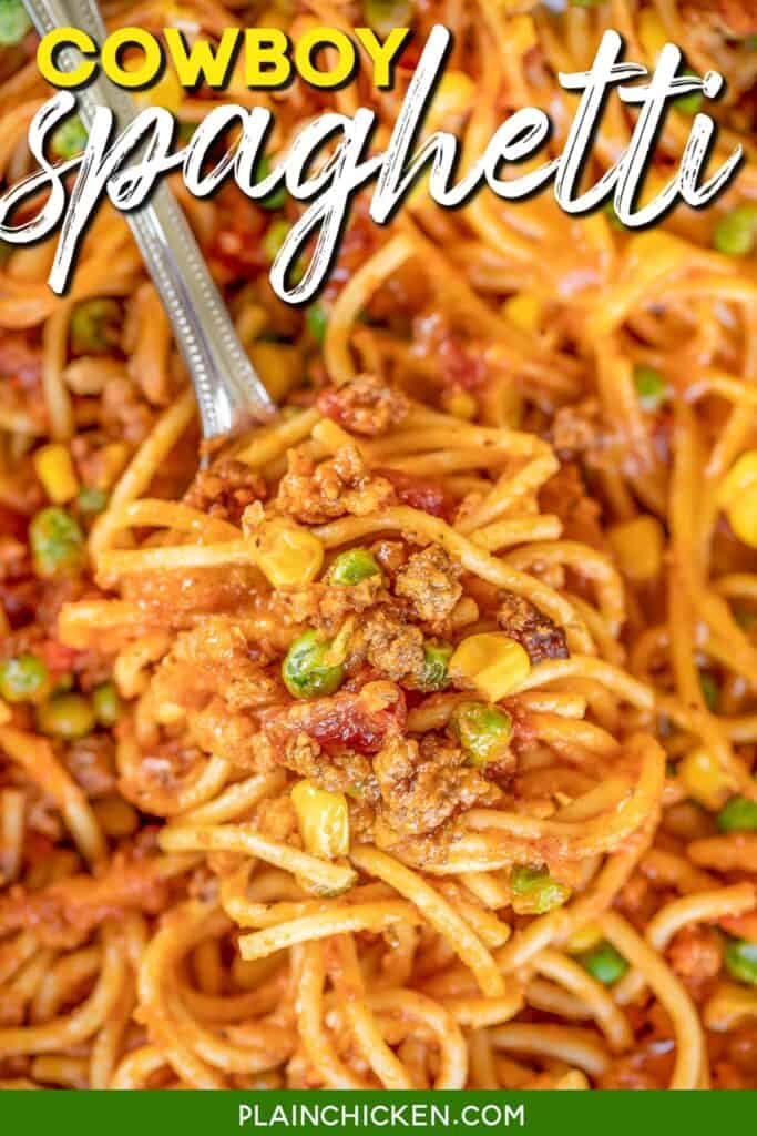 spaghetti on a fork with text overlay