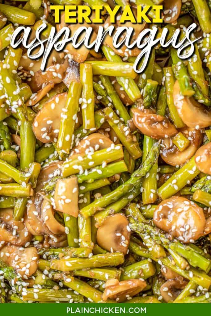 teriyaki asparagus & mushrooms in a skillet