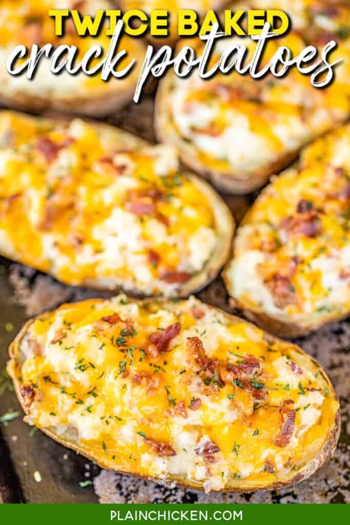 platter of twice baked potatoes with cheese and bacon