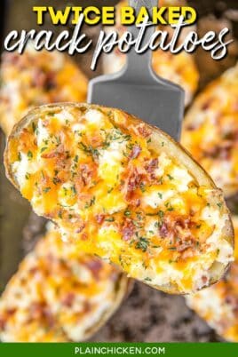twice baked potato with cheese and bacon on a spatula