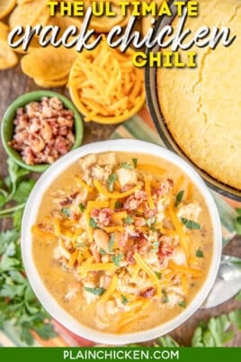 bowl of chicken chili with cheese and bacon
