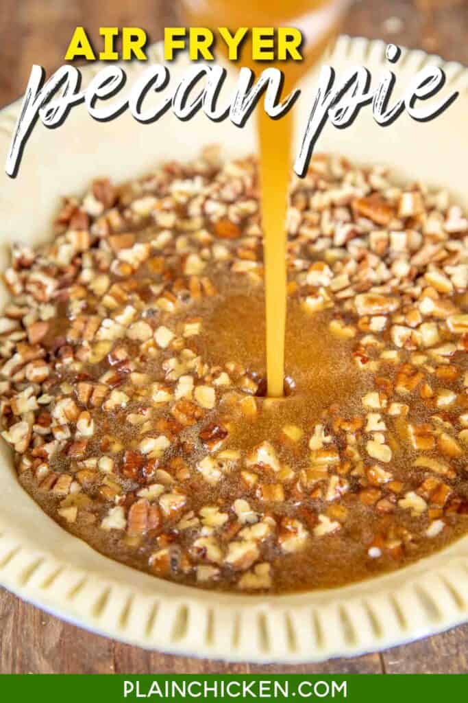 pouring pecan filling into pie crust