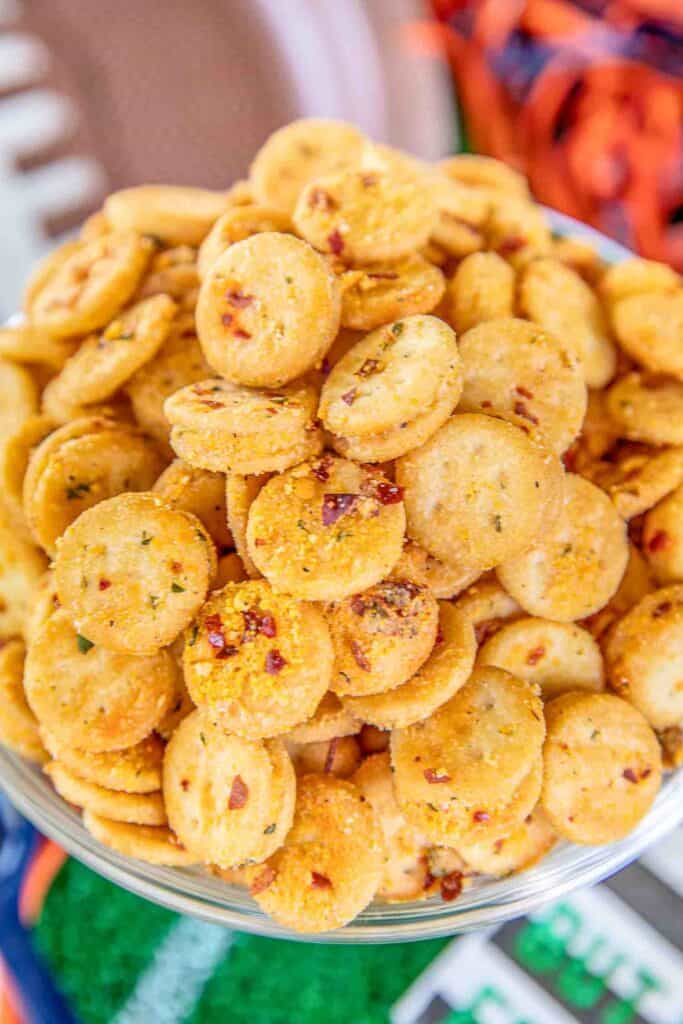 bowl of spicy cheese ritz crackers