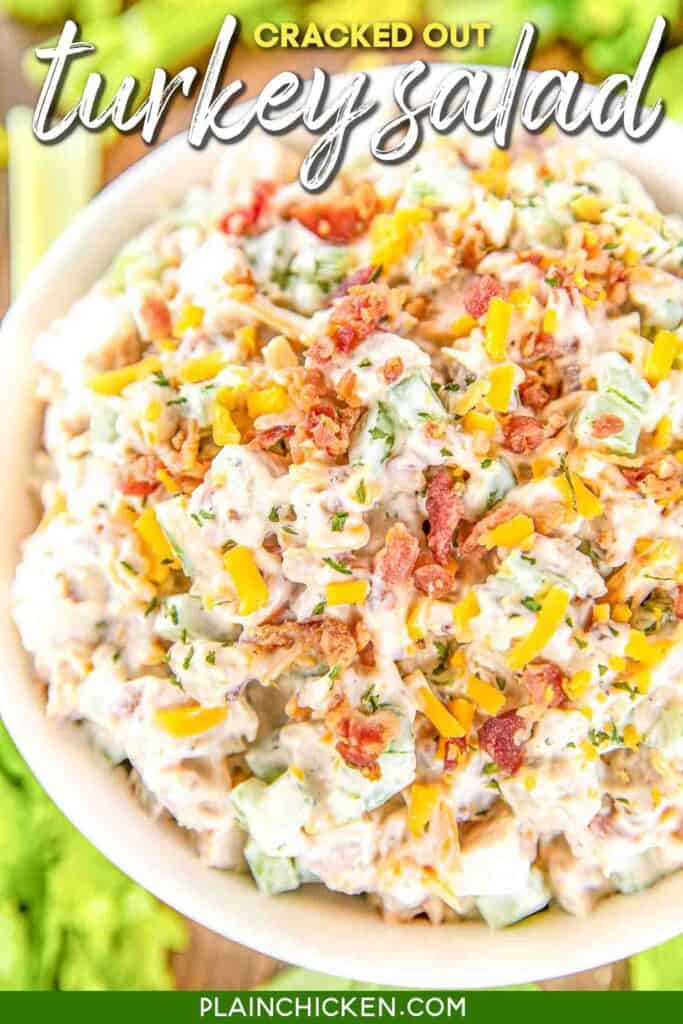 bowl of turkey salad with cheese and bacon