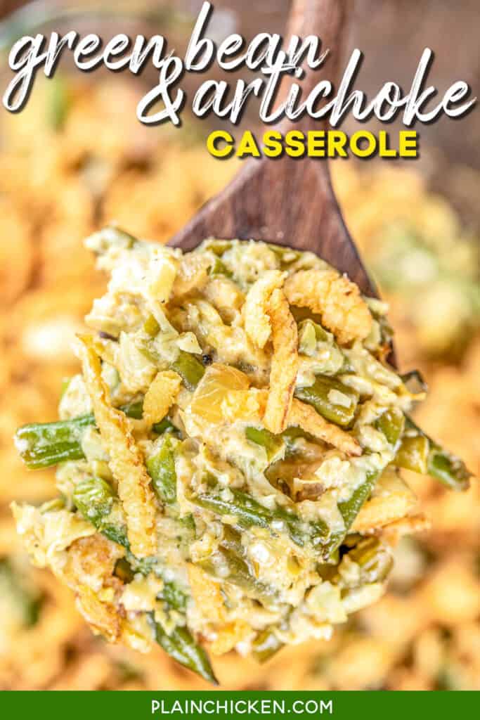 spoonful of green bean and artichoke casserole with fried onions