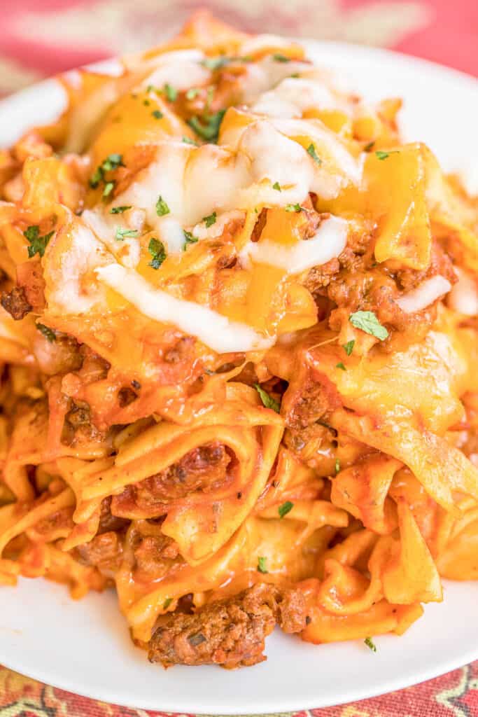 plate of cheesy ground beef pasta