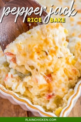 scooping pepper jack rice from baking dish