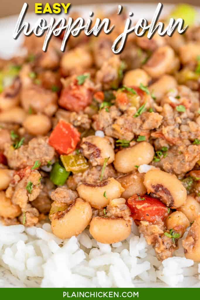 plate of black eyed peas and sausage over rice