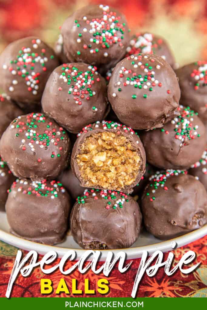 plate of chocolate dipped pecan pie balls