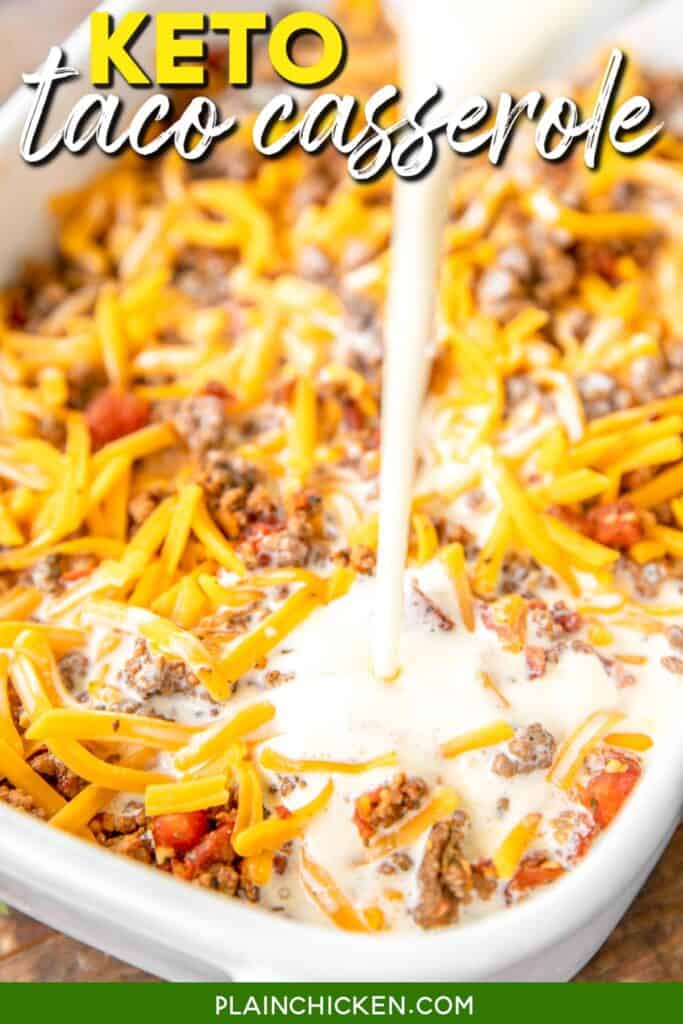 pouring egg custard over taco meat and cheese in a baking dish with text overlay